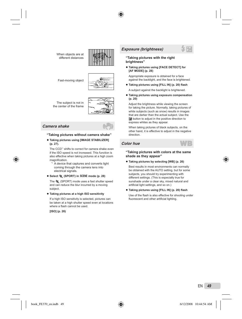 49 en, Camera shake, Exposure (brightness) | Color hue | Olympus FE-370 User Manual | Page 49 / 70