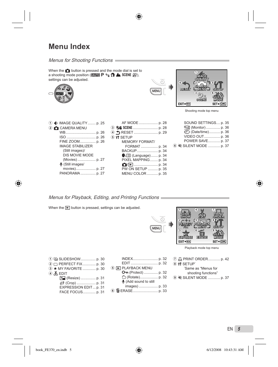 Menu index, Menus for shooting functions | Olympus FE-370 User Manual | Page 5 / 70