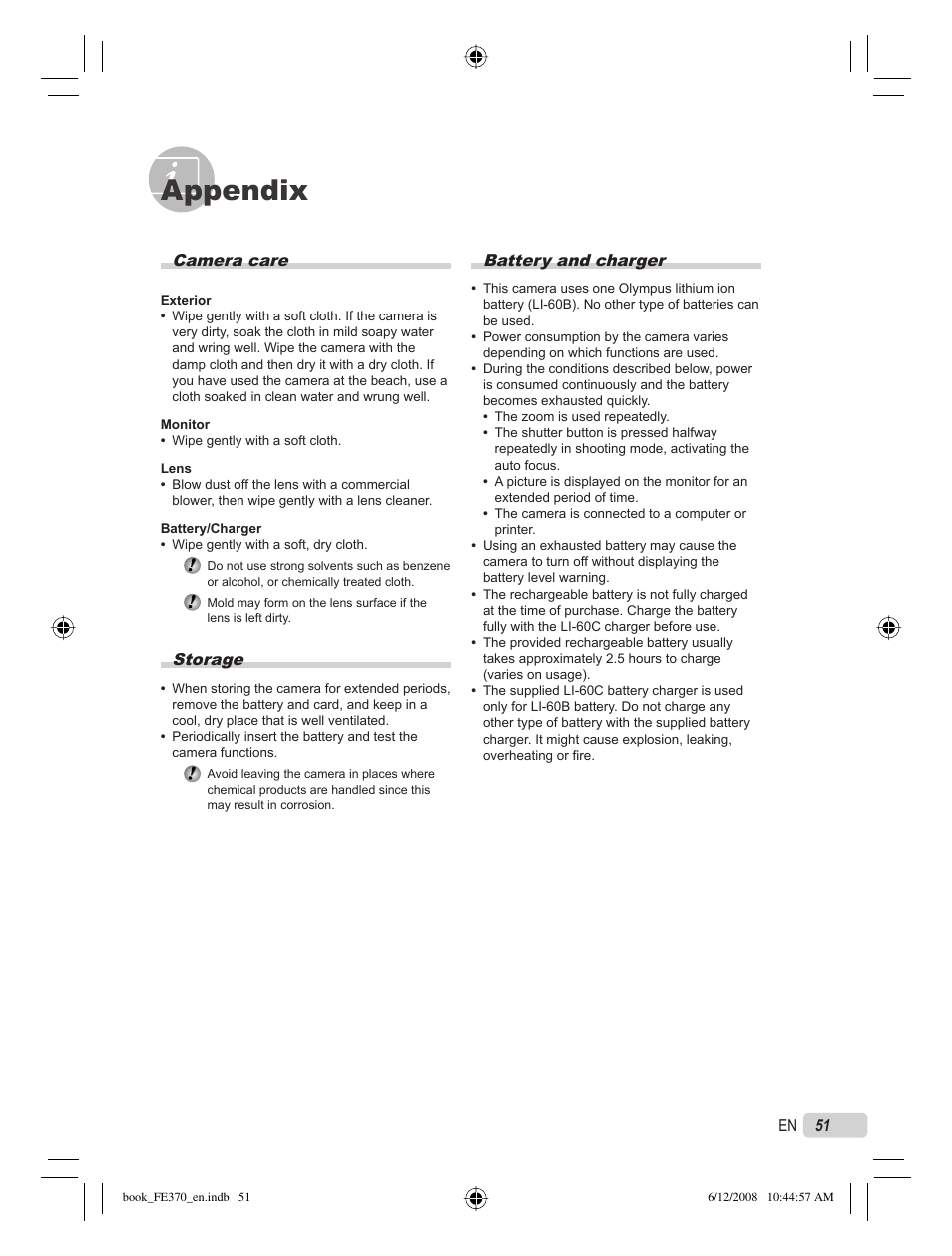 Appendix, Battery and charger, Camera care | Storage | Olympus FE-370 User Manual | Page 51 / 70
