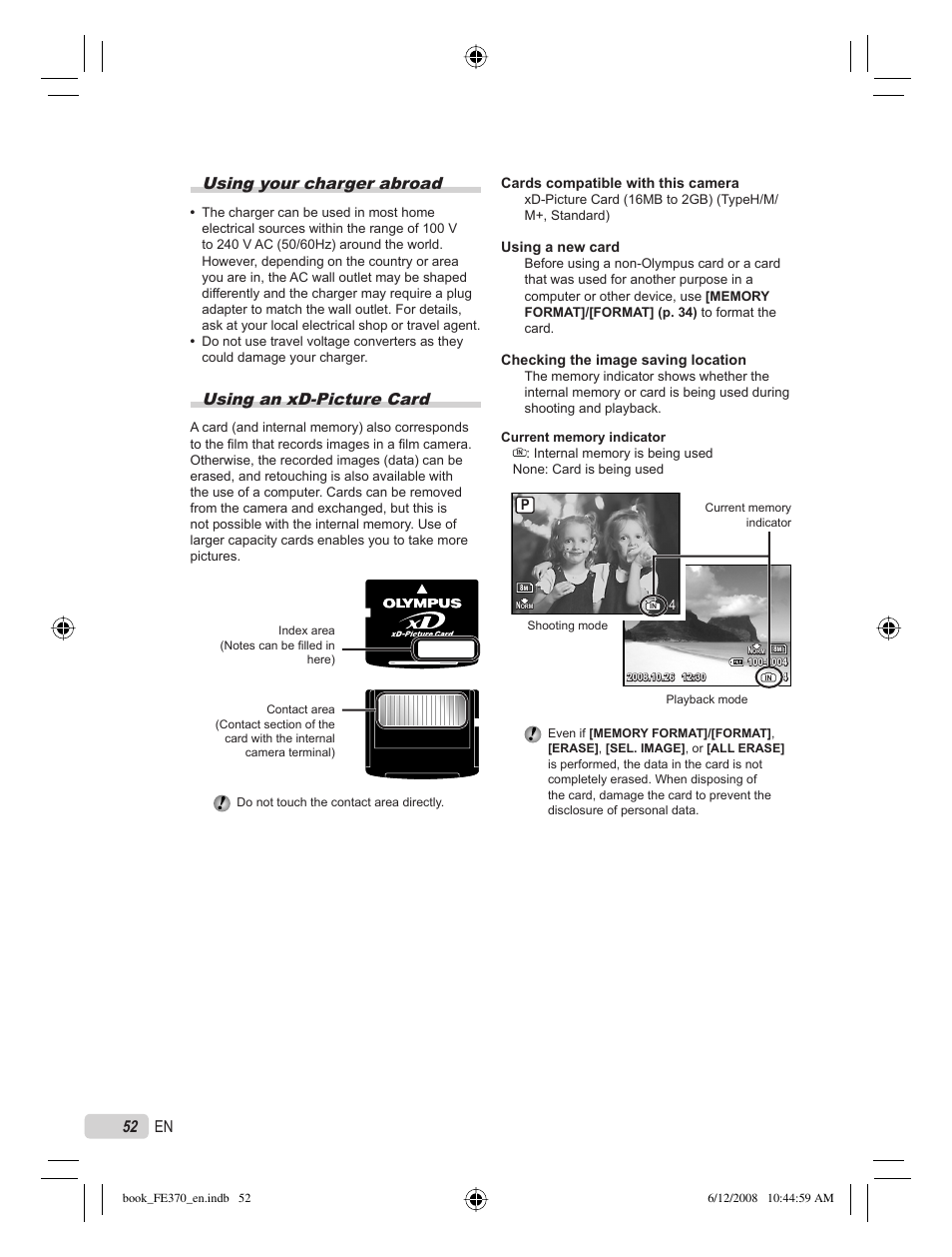 Using your charger abroad, Using an xd-picture card, 52 en | Olympus FE-370 User Manual | Page 52 / 70