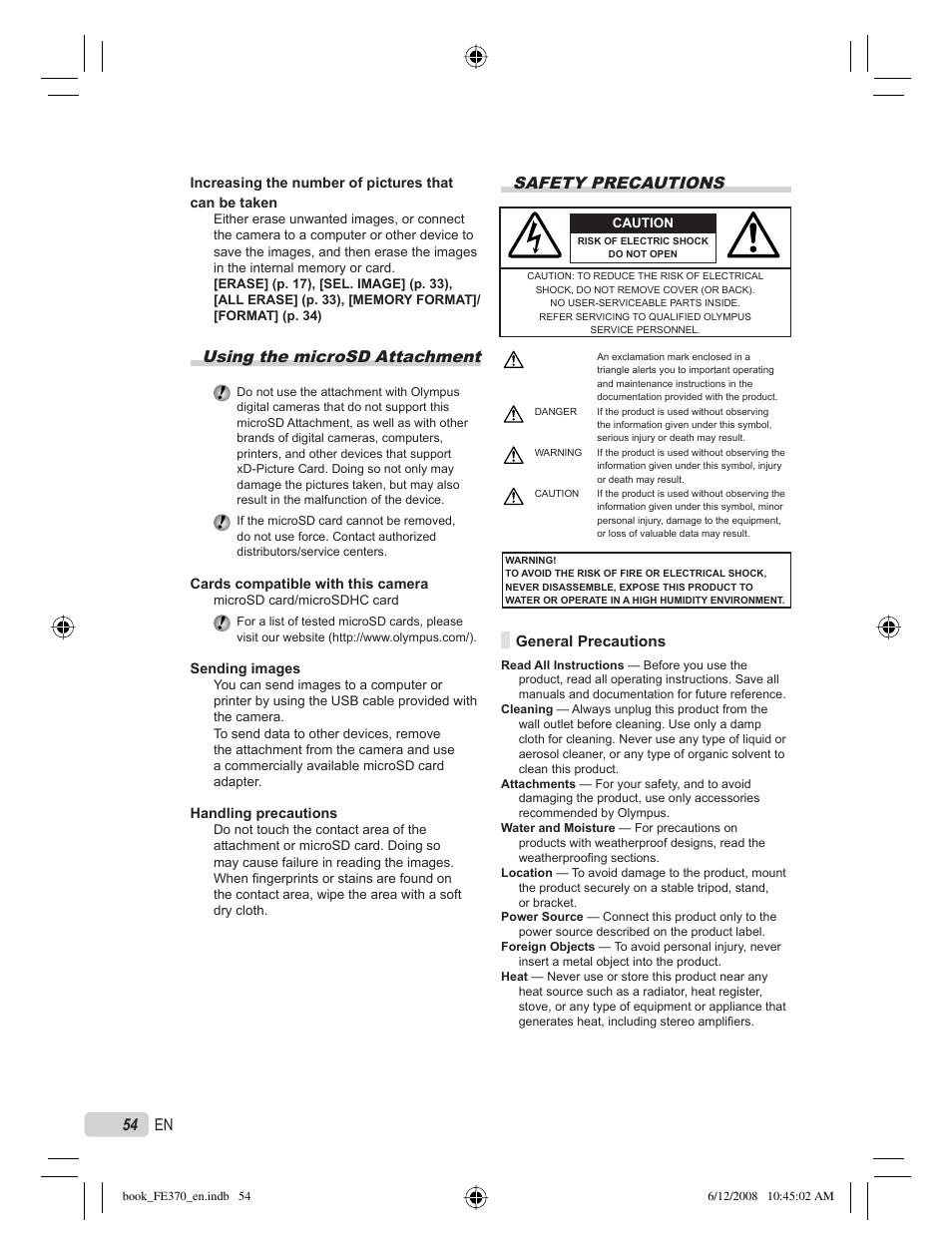 Using the microsd attachment, Safety precautions, 54 en | Olympus FE-370 User Manual | Page 54 / 70