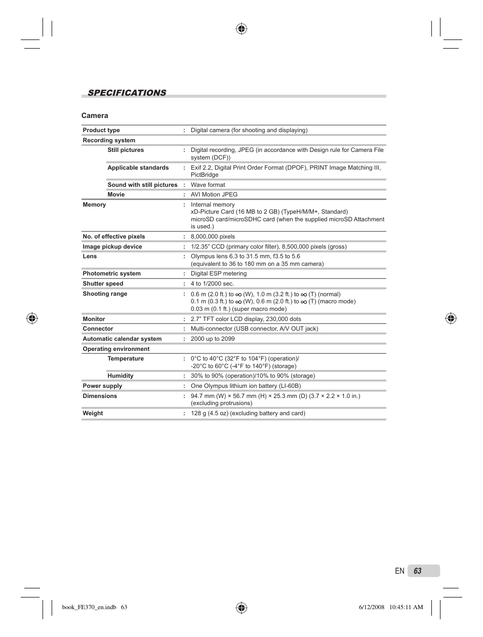 Specifications, 63 en | Olympus FE-370 User Manual | Page 63 / 70