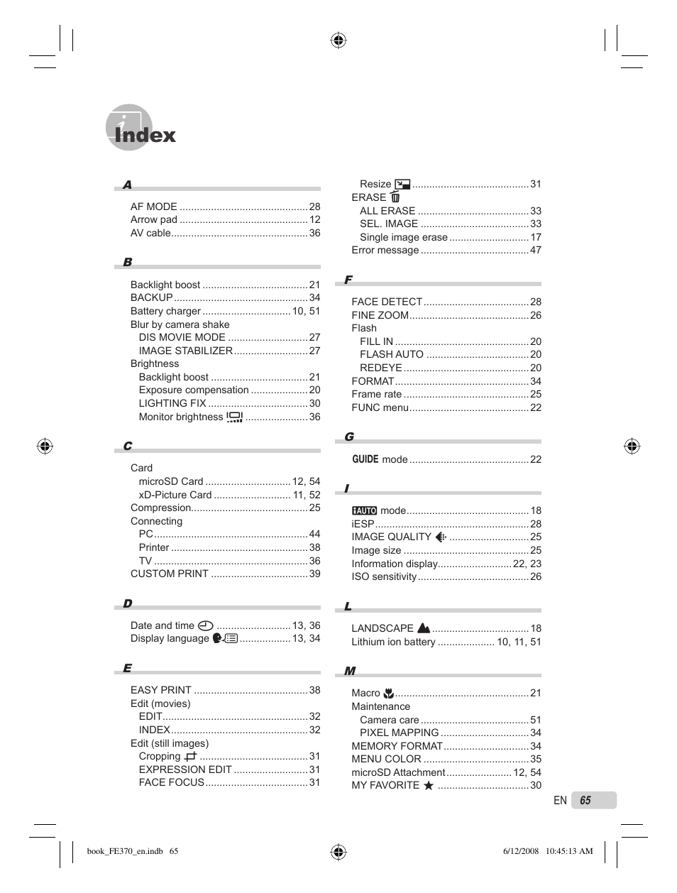 Index | Olympus FE-370 User Manual | Page 65 / 70