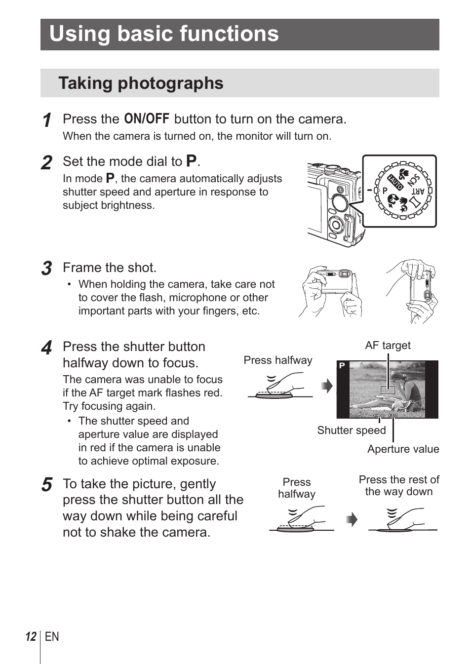 Using basic functions, Taking photographs | Olympus TG-850 User Manual | Page 12 / 111