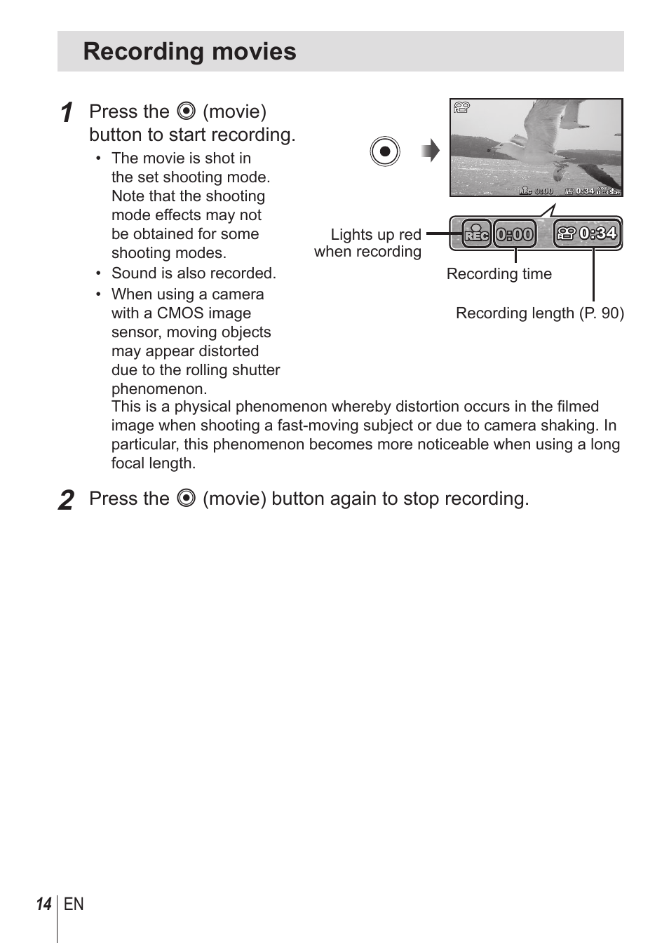 Recording movies, Press the r (movie) button to start recording, Press the r (movie) button again to stop recording | 14 en | Olympus TG-850 User Manual | Page 14 / 111