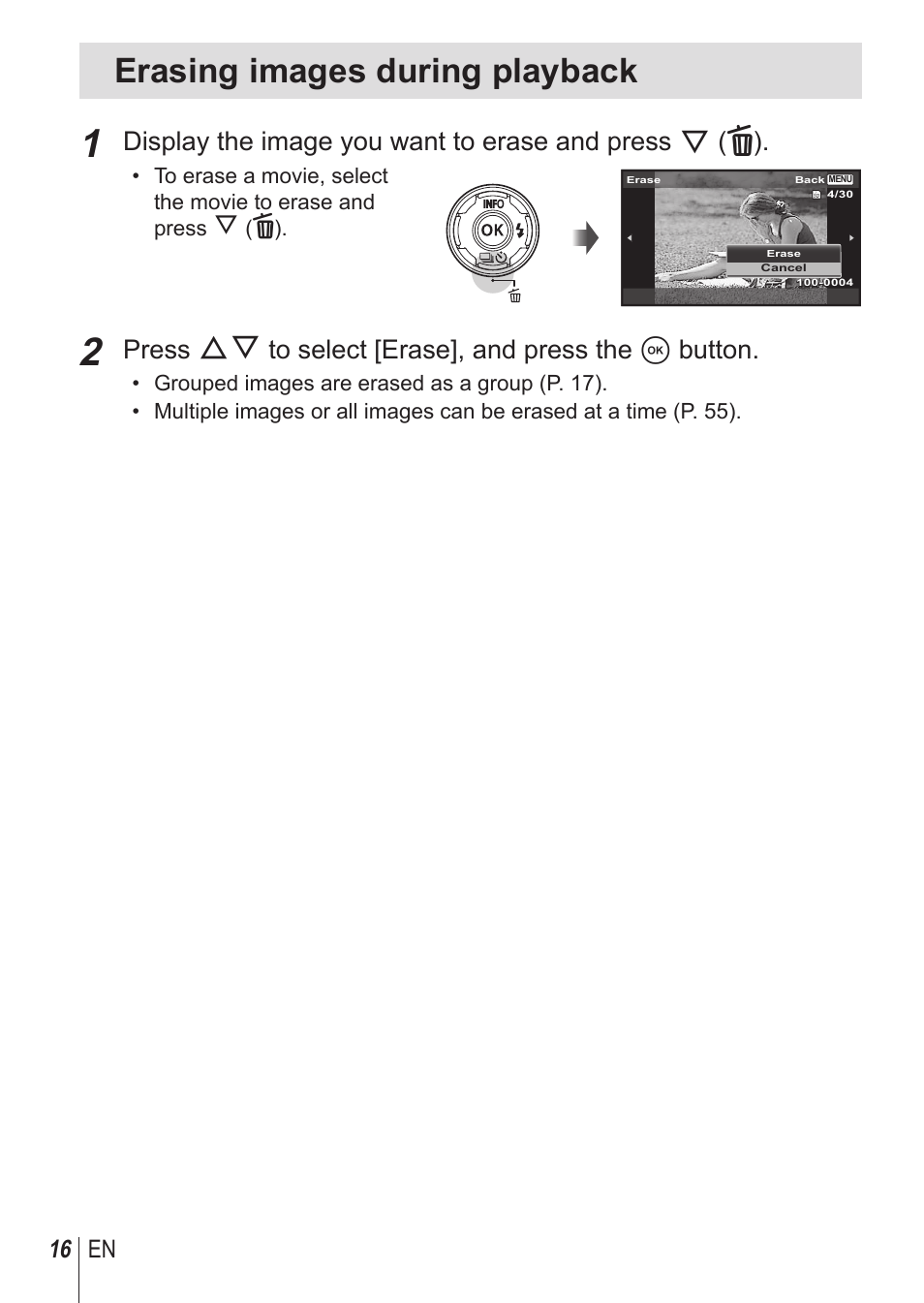 Erasing images during playback, Press fg to select [erase], and press the a button, 16 en | Olympus TG-850 User Manual | Page 16 / 111