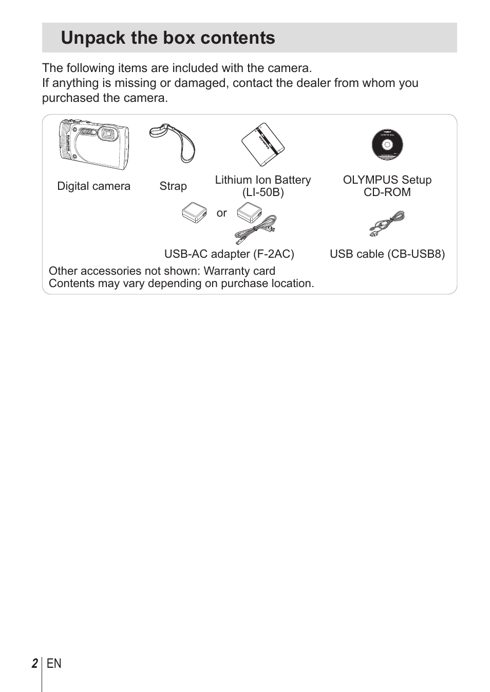 Unpack the box contents | Olympus TG-850 User Manual | Page 2 / 111
