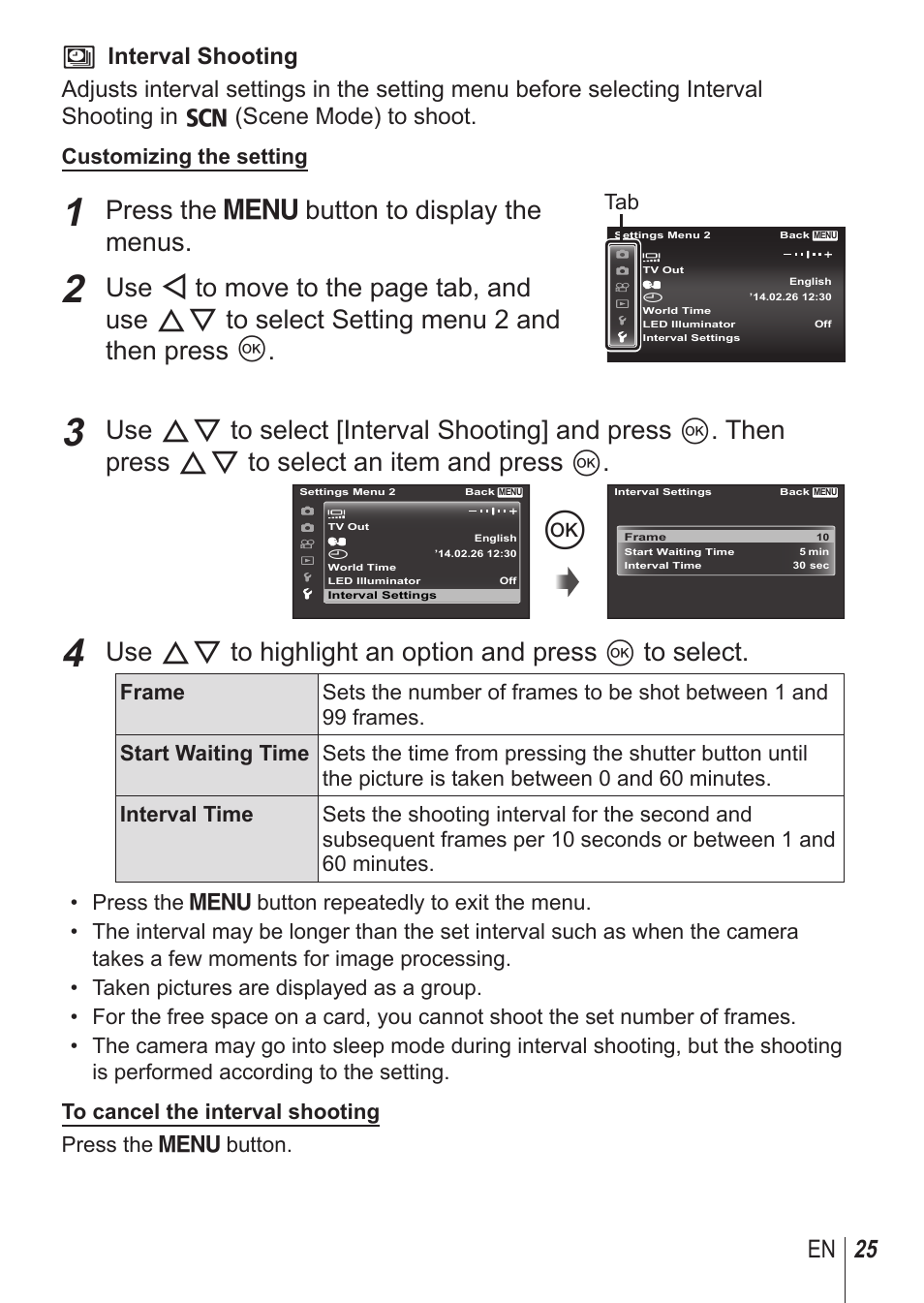 Press the  button to display the menus, 25 en | Olympus TG-850 User Manual | Page 25 / 111