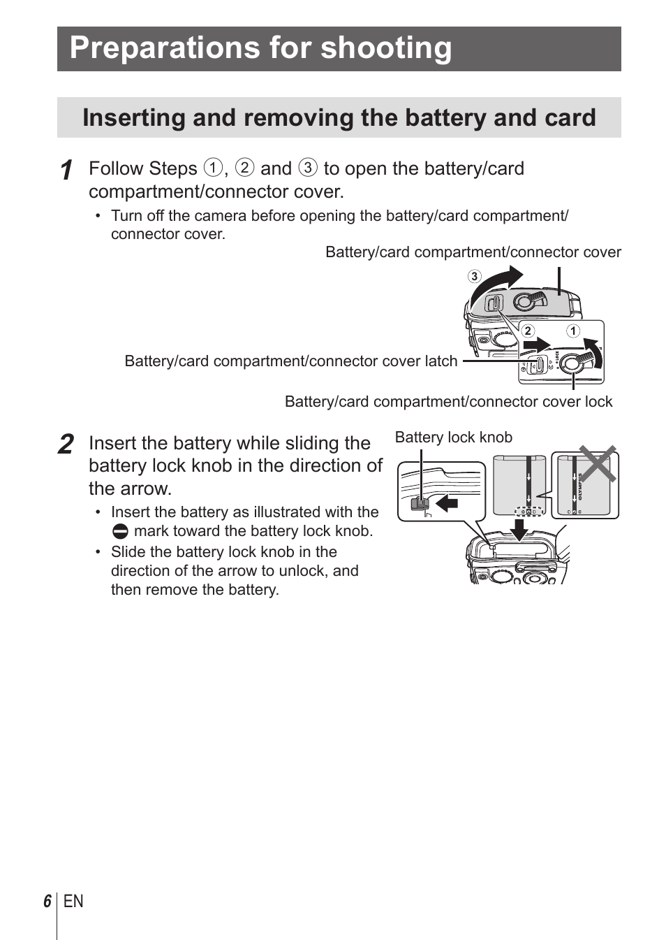 Preparations for shooting, Inserting and removing the battery and card | Olympus TG-850 User Manual | Page 6 / 111