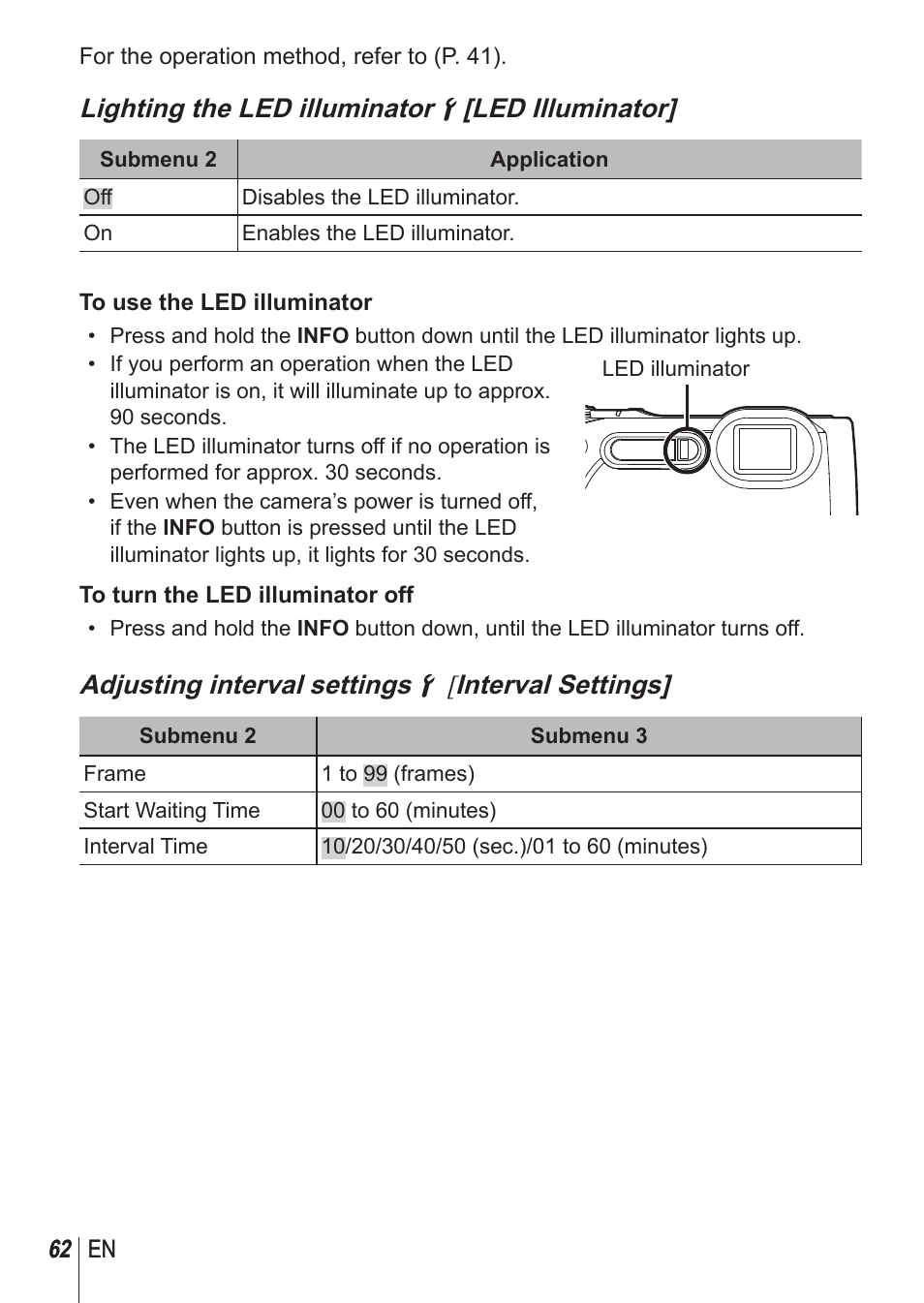 Lighting the led illuminator d [led illuminator, Adjusting interval settings d [ interval settings | Olympus TG-850 User Manual | Page 62 / 111