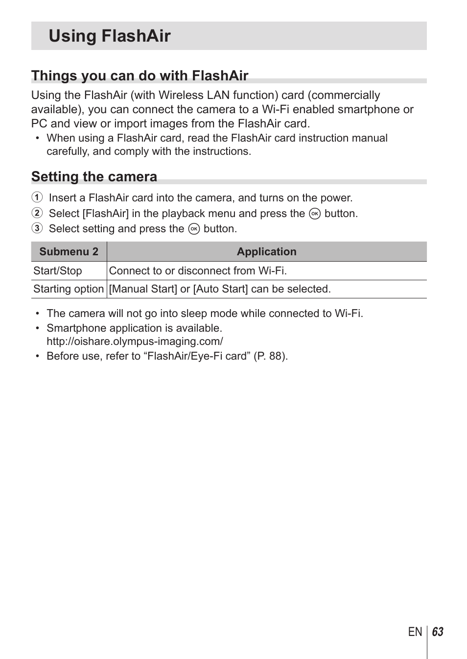 Using flashair, Things you can do with flashair, Setting the camera | Olympus TG-850 User Manual | Page 63 / 111