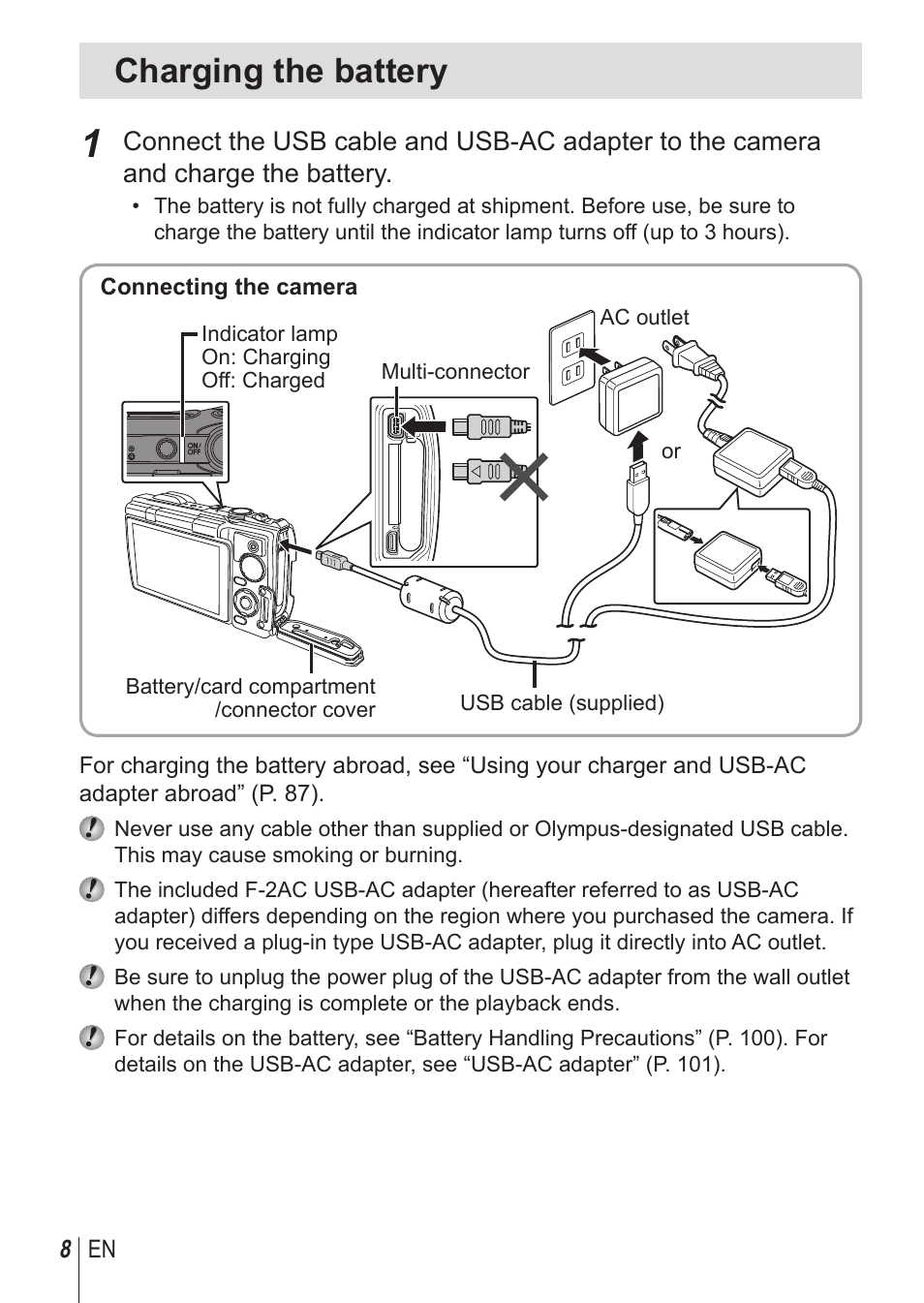 Charging the battery | Olympus TG-850 User Manual | Page 8 / 111