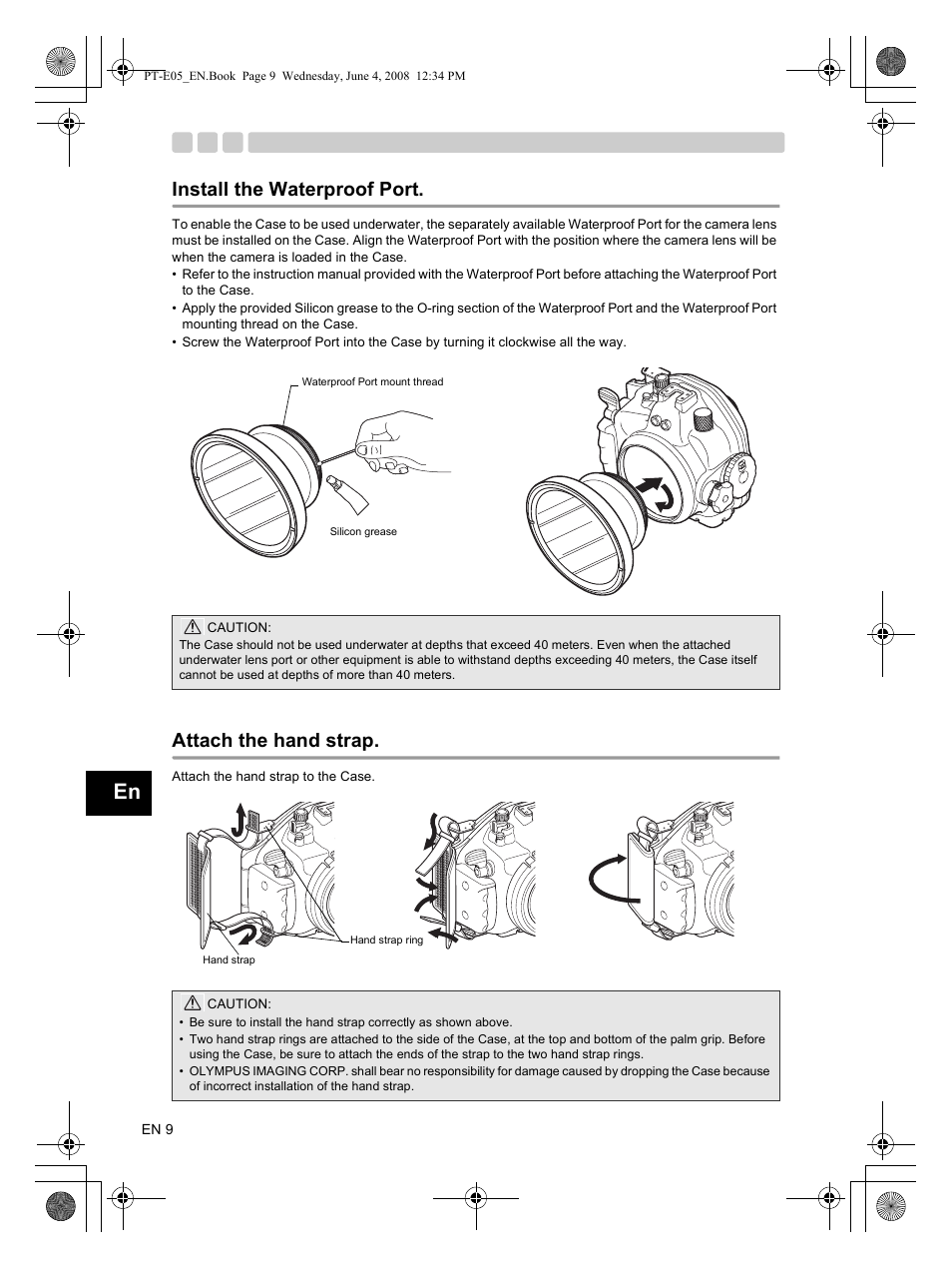 Install the waterproof port attach the hand strap, Install the waterproof port, Attach the hand strap | Olympus PT-E05 User Manual | Page 10 / 42