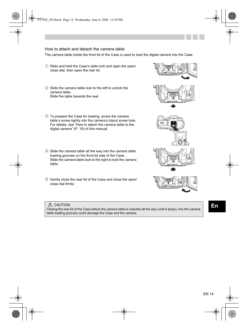 How to attach and detach the camera table | Olympus PT-E05 User Manual | Page 15 / 42