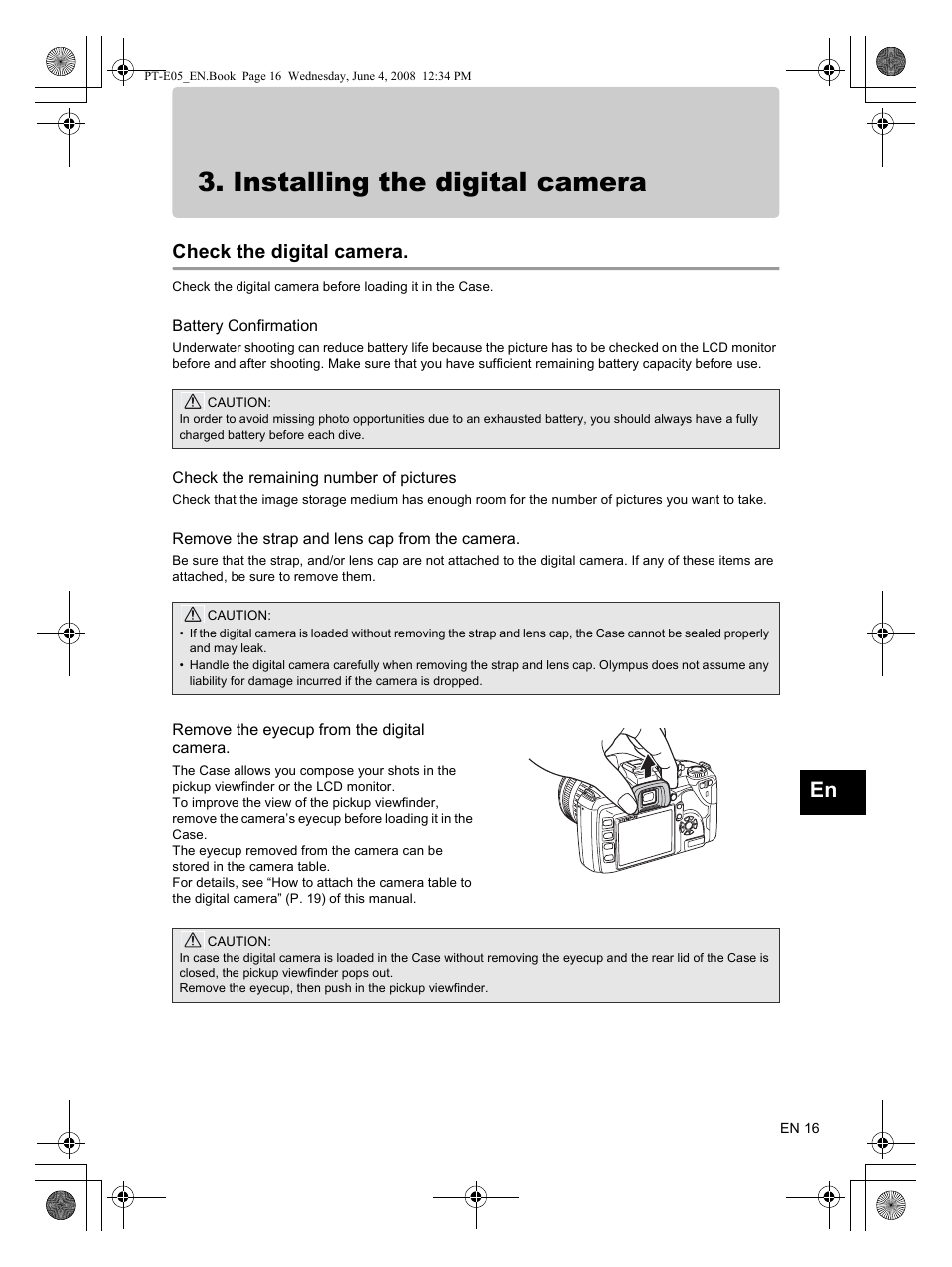 Installing the digital camera, Check the digital camera | Olympus PT-E05 User Manual | Page 17 / 42