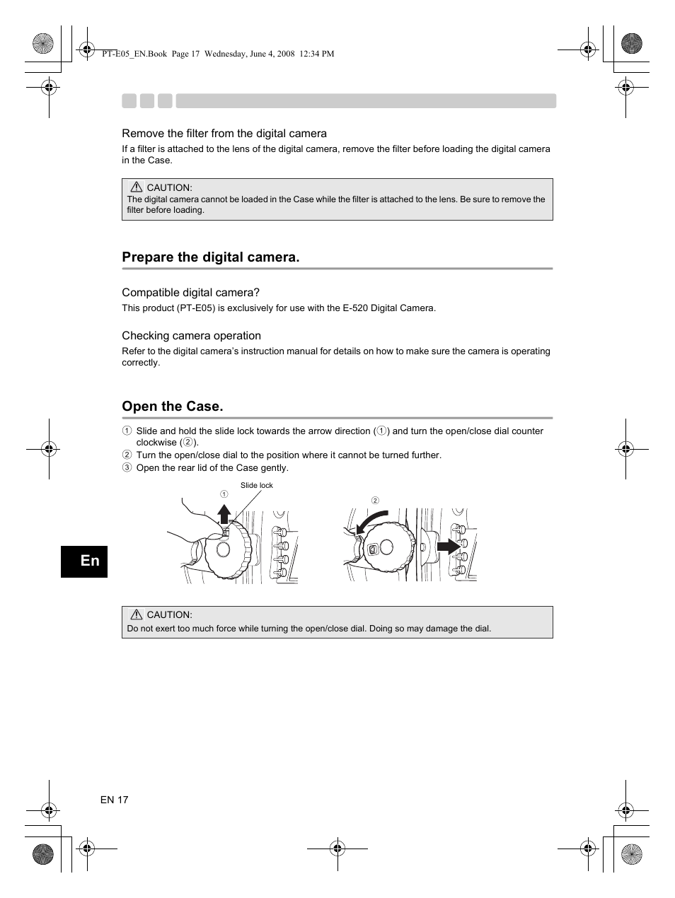 Remove the filter from the digital camera, Prepare the digital camera, Open the case | Olympus PT-E05 User Manual | Page 18 / 42