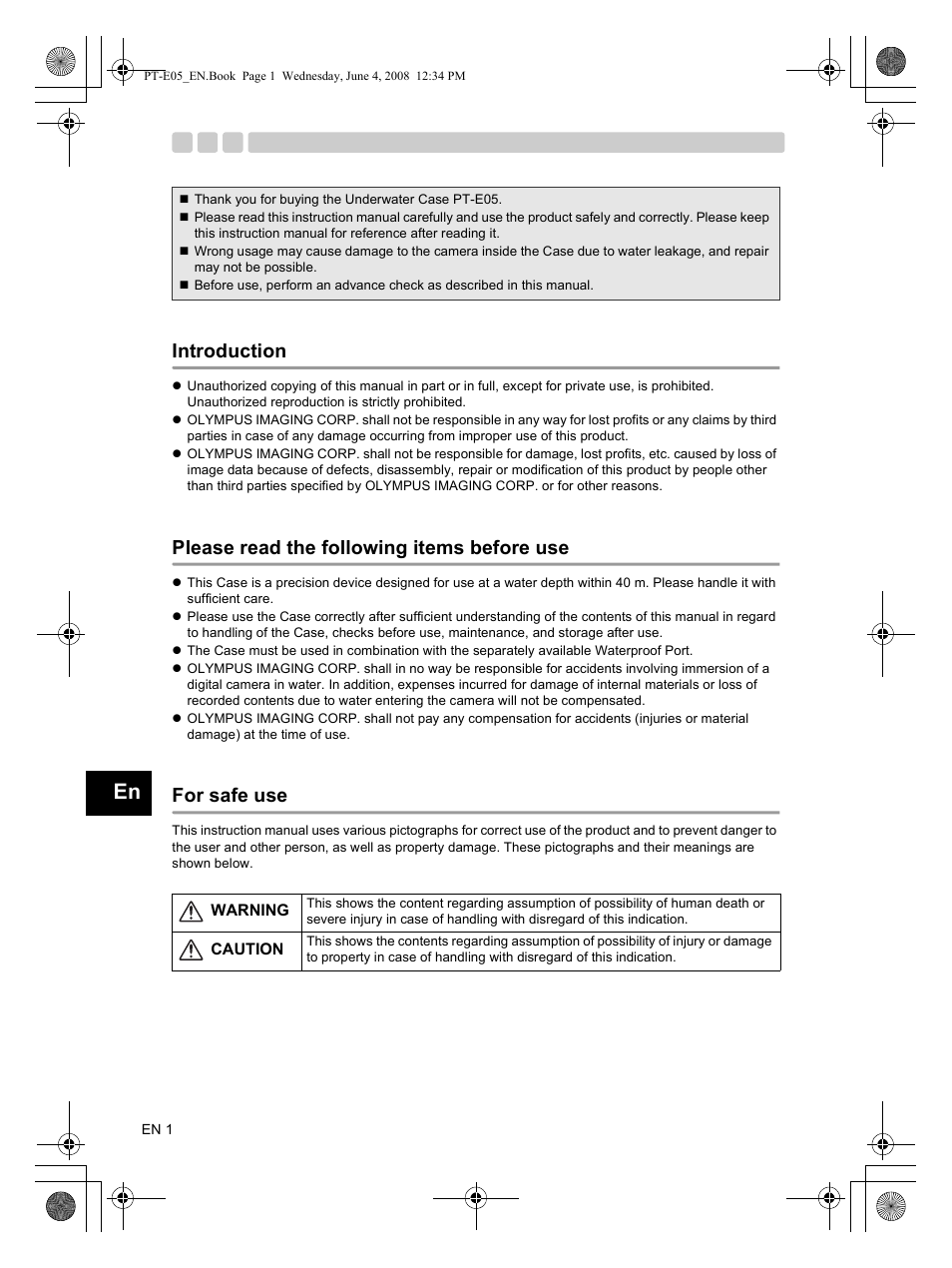 Introduction, Please read the following items before use, For safe use | Olympus PT-E05 User Manual | Page 2 / 42