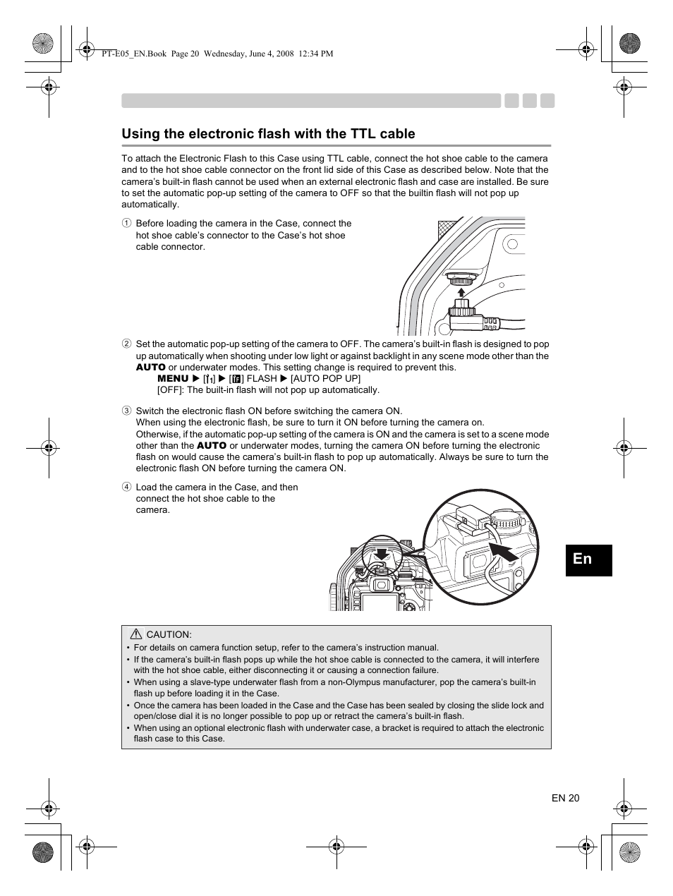 Using the electronic flash with the ttl cable | Olympus PT-E05 User Manual | Page 21 / 42