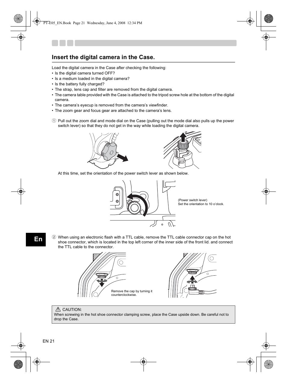 Insert the digital camera in the case | Olympus PT-E05 User Manual | Page 22 / 42