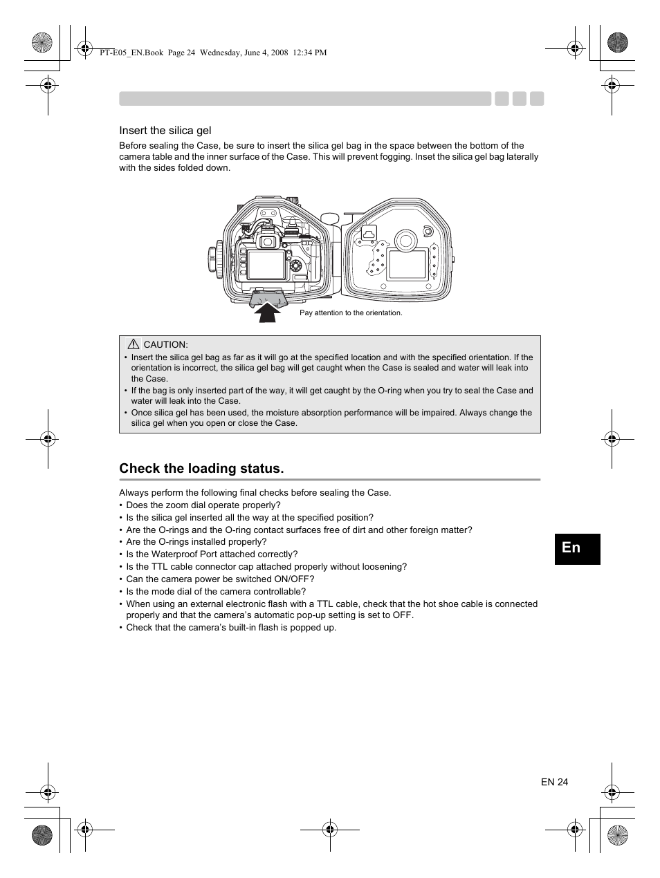 Insert the silica gel, Check the loading status | Olympus PT-E05 User Manual | Page 25 / 42