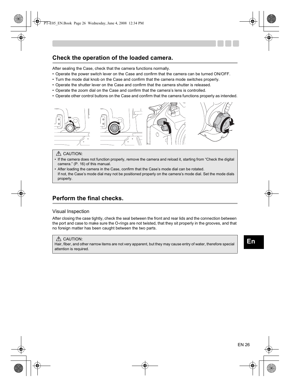 Visual inspection, Check the operation of the loaded camera, Perform the final checks | Olympus PT-E05 User Manual | Page 27 / 42