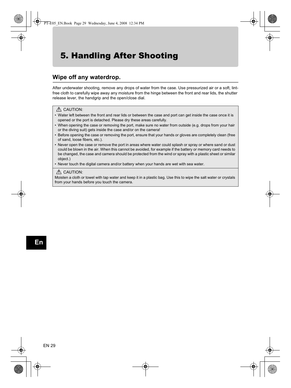 Handling after shooting, Wipe off any waterdrop | Olympus PT-E05 User Manual | Page 30 / 42