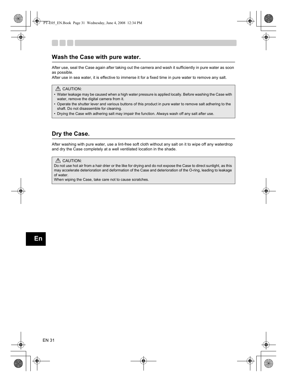 Wash the case with pure water dry the case, Wash the case with pure water, Dry the case | Olympus PT-E05 User Manual | Page 32 / 42