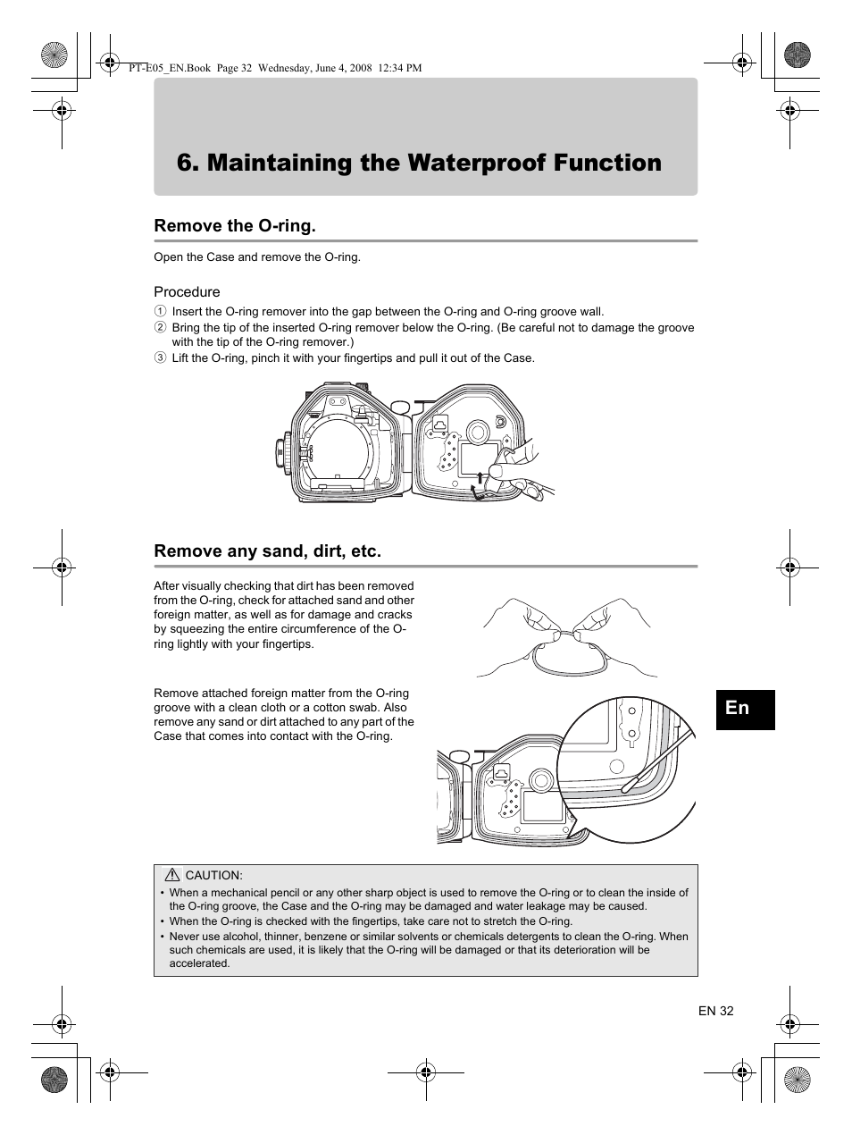 Maintaining the waterproof function, Remove the o-ring, Procedure | Remove any sand, dirt, etc | Olympus PT-E05 User Manual | Page 33 / 42