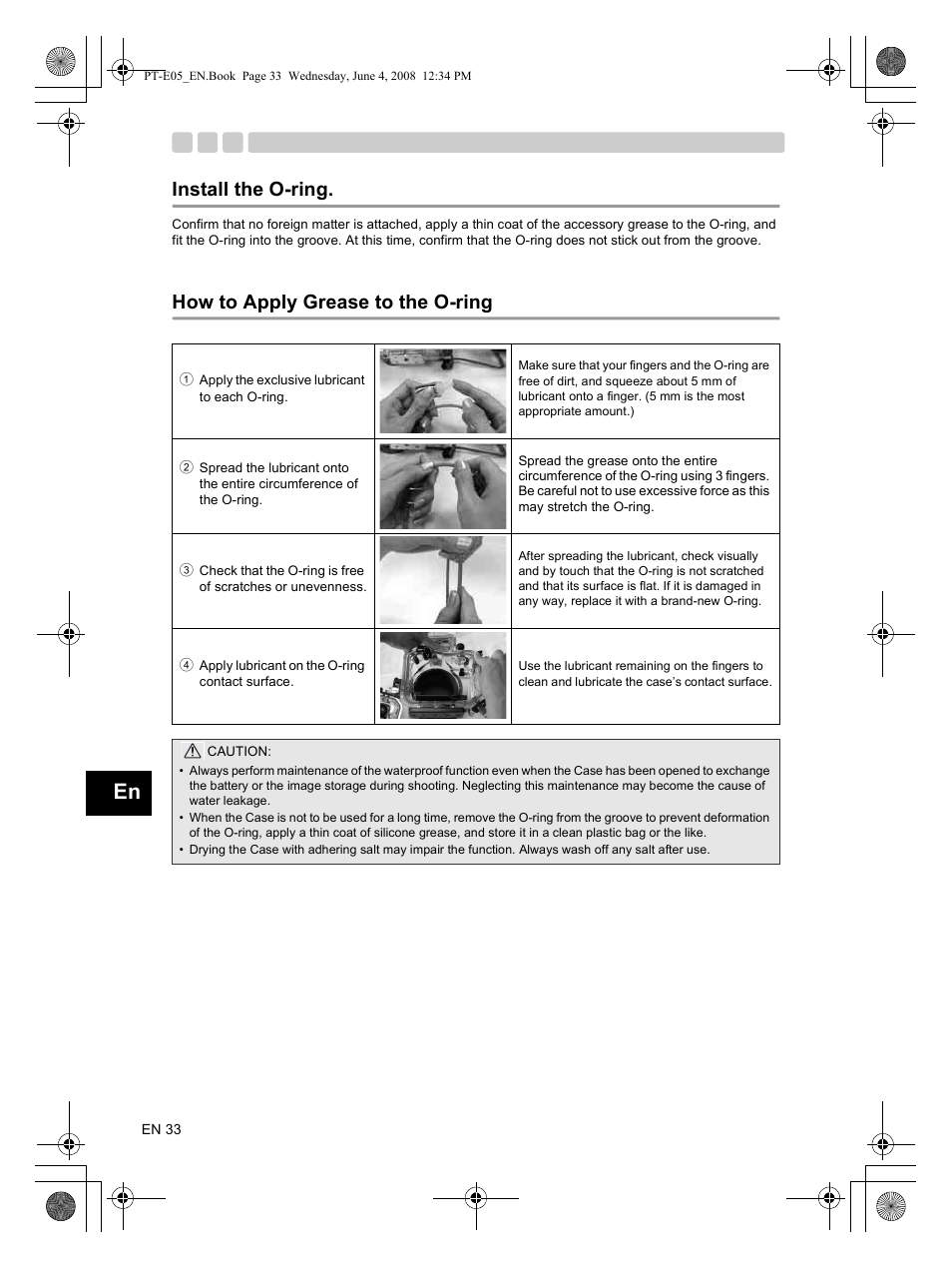 Install the o-ring, How to apply grease to the o-ring | Olympus PT-E05 User Manual | Page 34 / 42