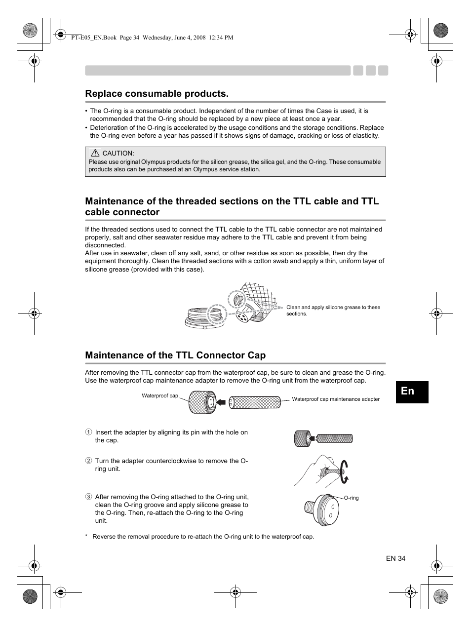 Replace consumable products, Maintenance of the ttl connector cap | Olympus PT-E05 User Manual | Page 35 / 42