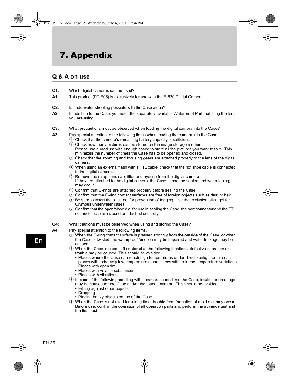 Appendix, Q & a on use | Olympus PT-E05 User Manual | Page 36 / 42