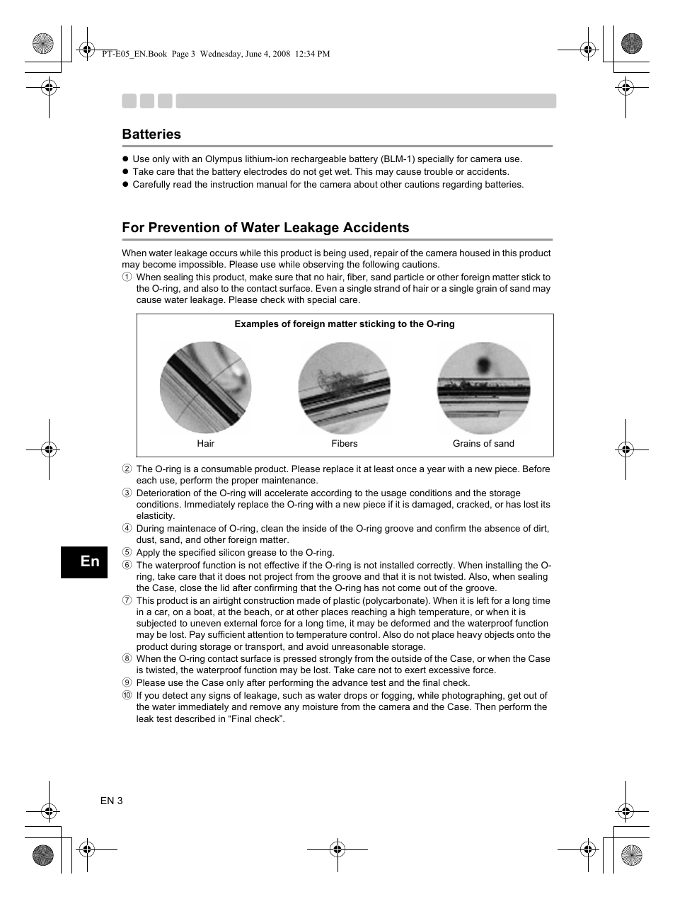 Batteries, For prevention of water leakage accidents | Olympus PT-E05 User Manual | Page 4 / 42