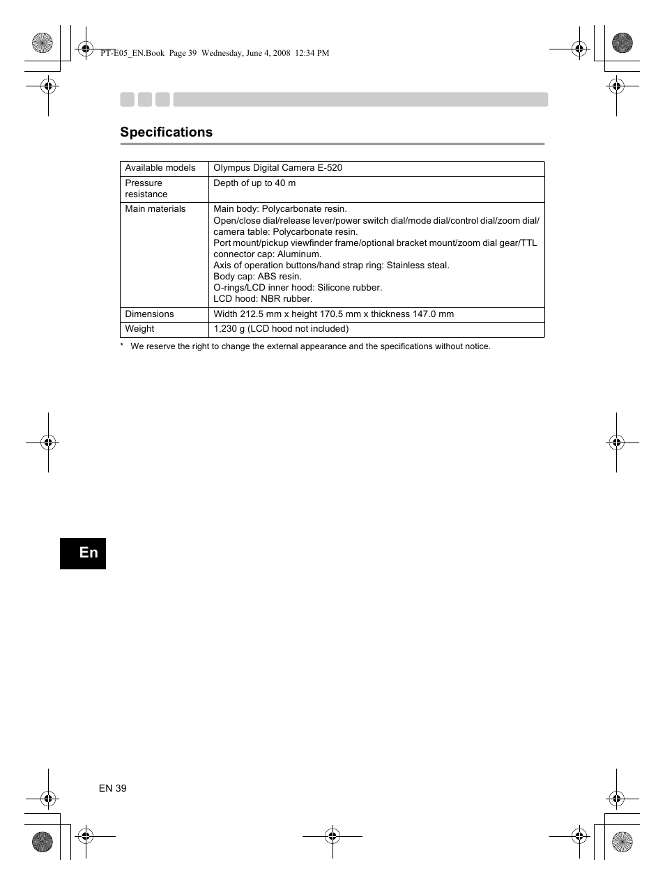 Specifications | Olympus PT-E05 User Manual | Page 40 / 42