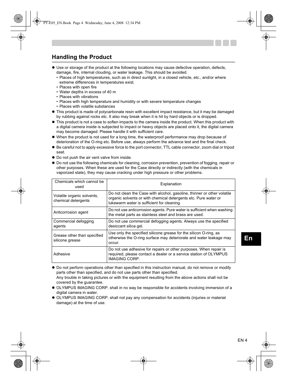 Handling the product | Olympus PT-E05 User Manual | Page 5 / 42