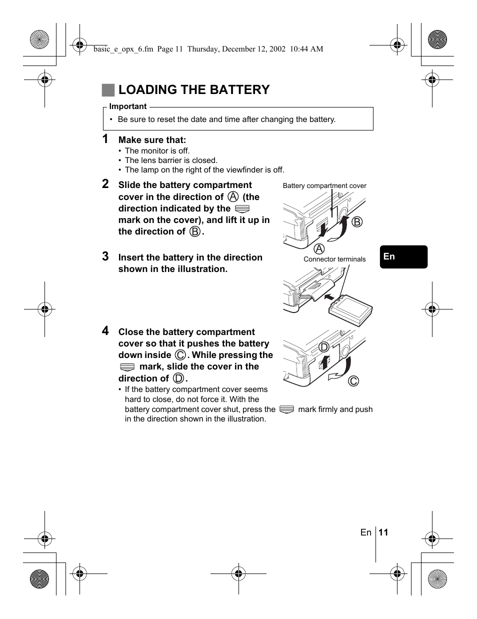 Jloading the battery 1 | Olympus Stylus 400 Digital User Manual | Page 11 / 172