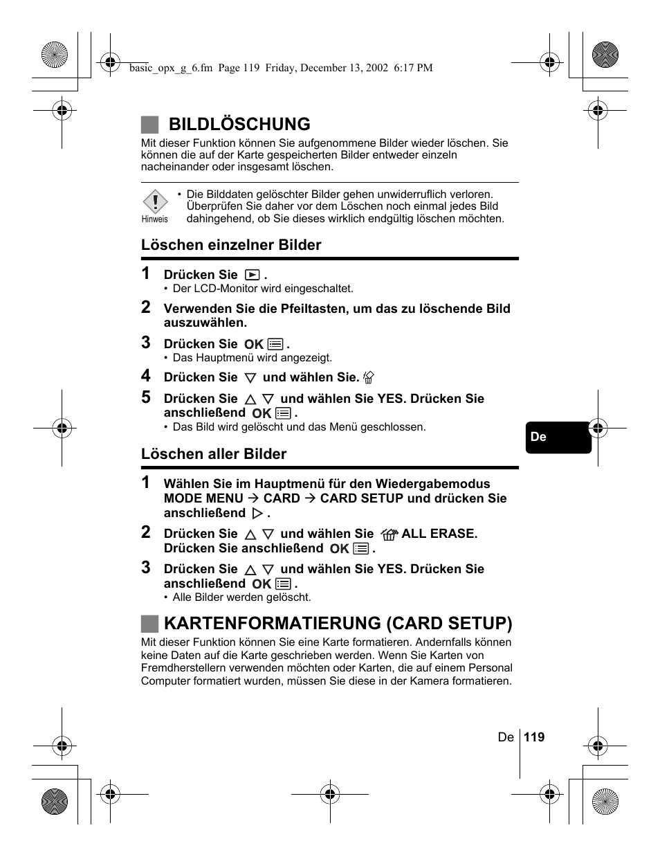 Jbildlöschung, Jkartenformatierung (card setup) | Olympus Stylus 400 Digital User Manual | Page 119 / 172