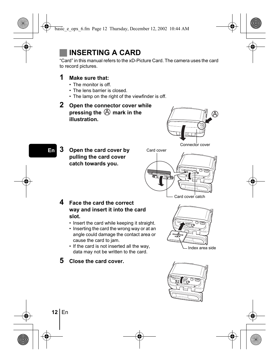 Jinserting a card | Olympus Stylus 400 Digital User Manual | Page 12 / 172