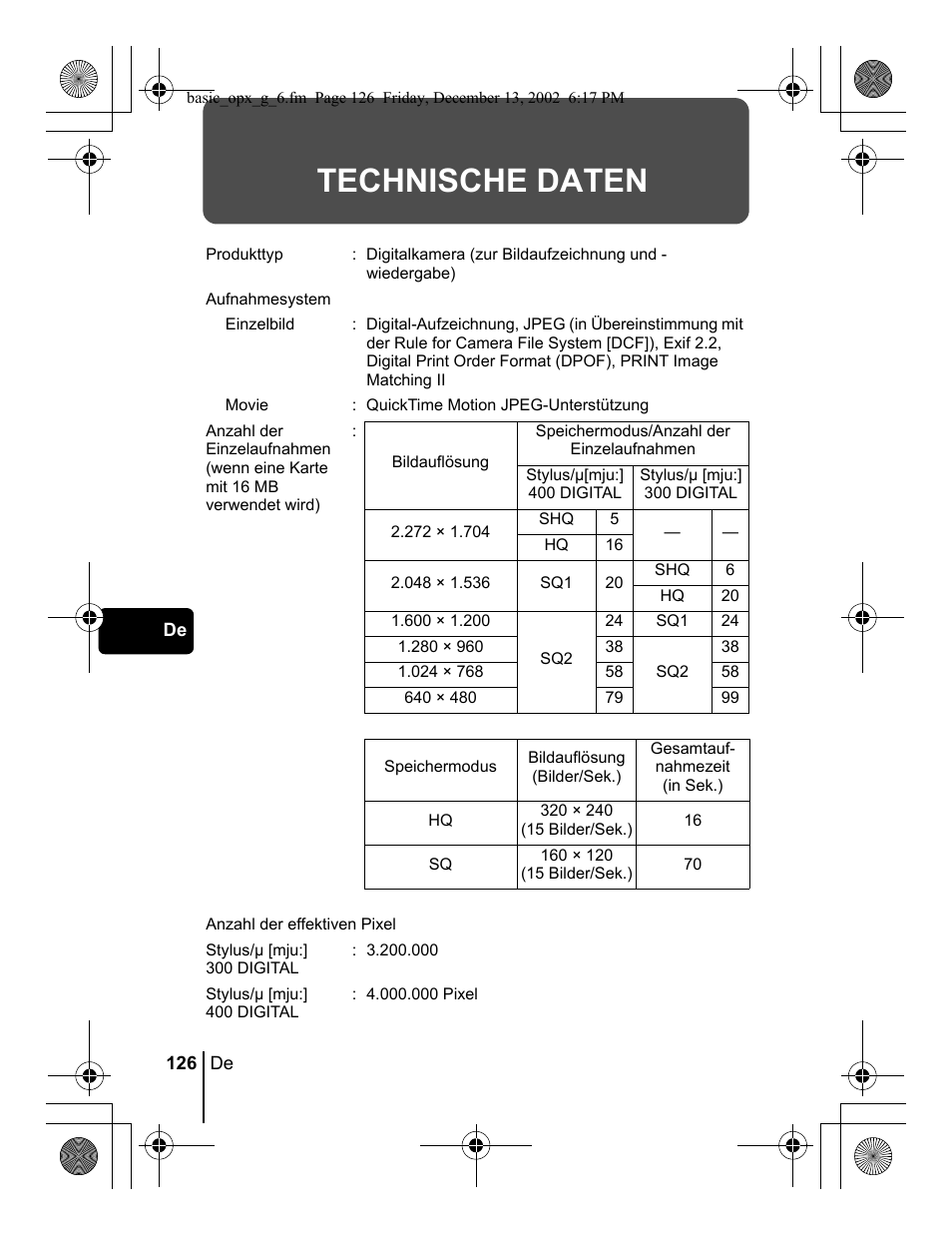 Technische daten | Olympus Stylus 400 Digital User Manual | Page 126 / 172