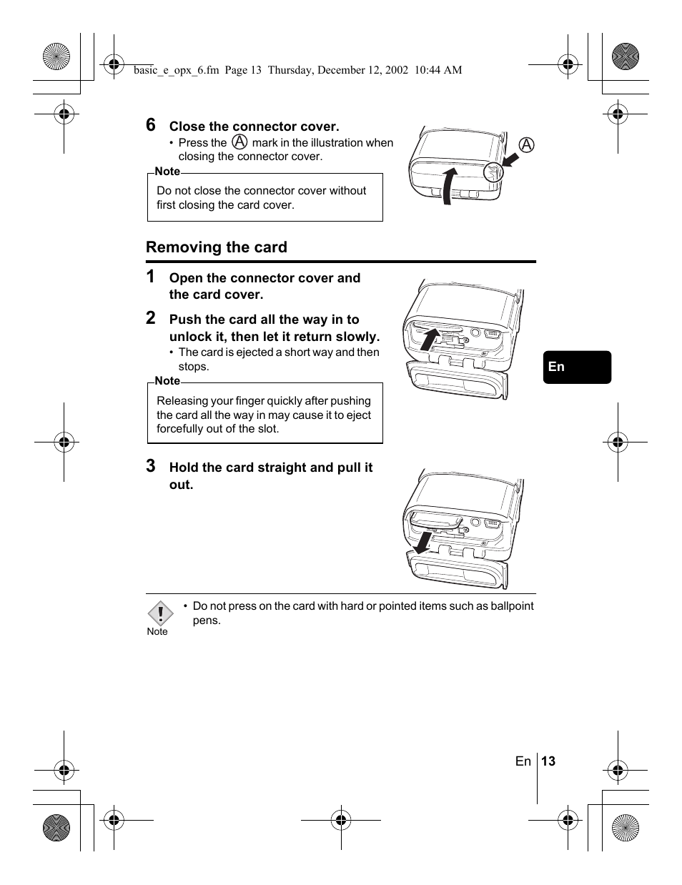 Removing the card | Olympus Stylus 400 Digital User Manual | Page 13 / 172