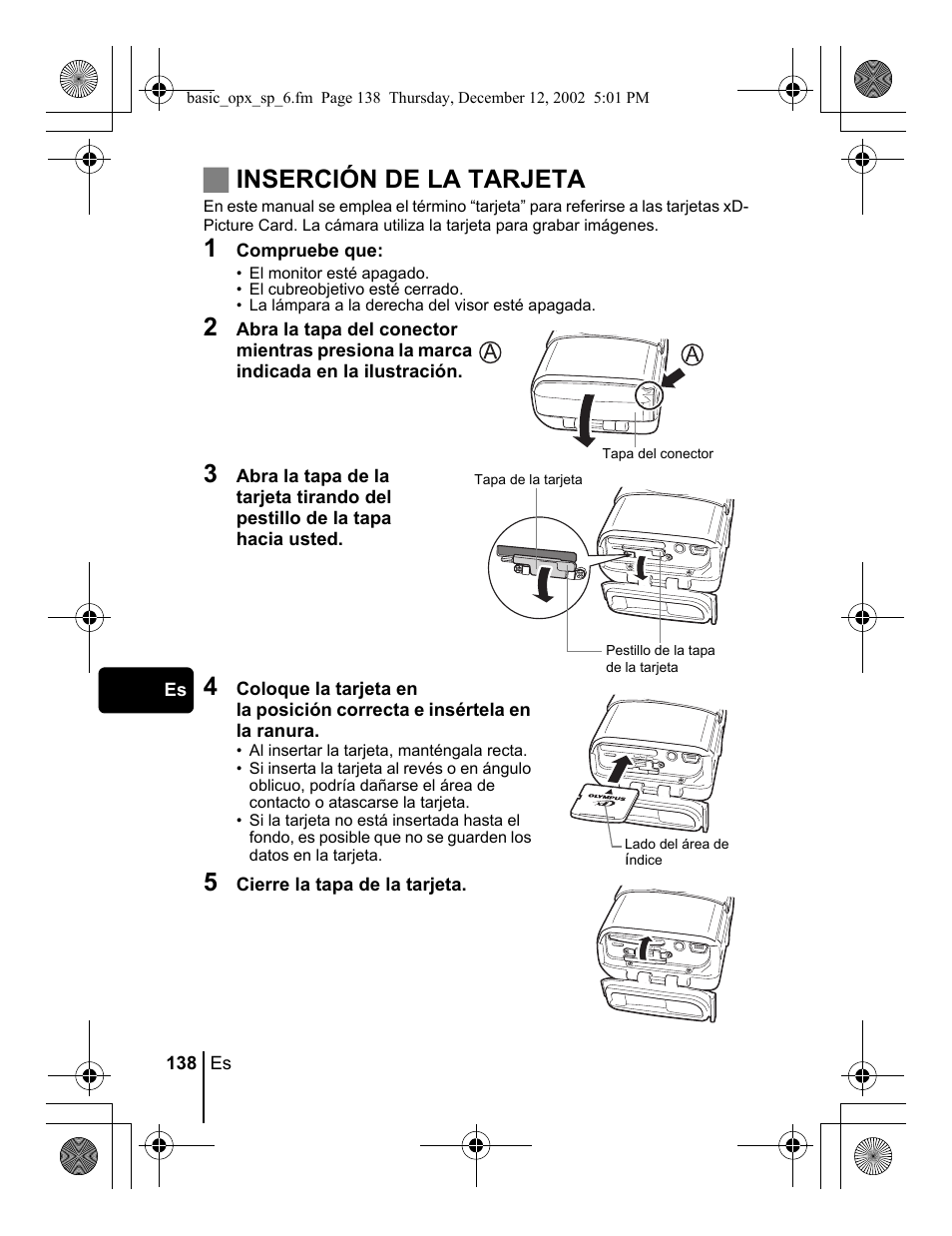 Jinserción de la tarjeta | Olympus Stylus 400 Digital User Manual | Page 138 / 172