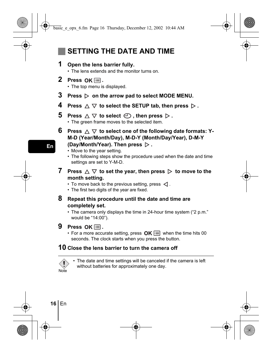 Jsetting the date and time 1 | Olympus Stylus 400 Digital User Manual | Page 16 / 172