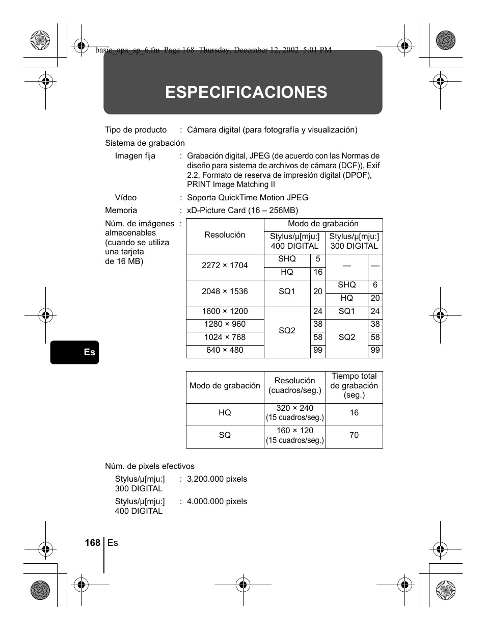 Especificaciones | Olympus Stylus 400 Digital User Manual | Page 168 / 172