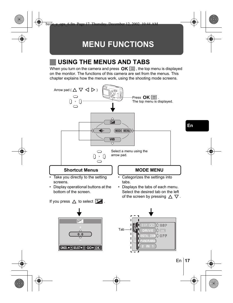 Menu functions, Jusing the menus and tabs | Olympus Stylus 400 Digital User Manual | Page 17 / 172