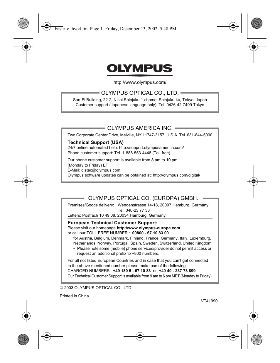 Olympus optical co., ltd, Olympus america inc, Olympus optical co. (europa) gmbh | Olympus Stylus 400 Digital User Manual | Page 172 / 172