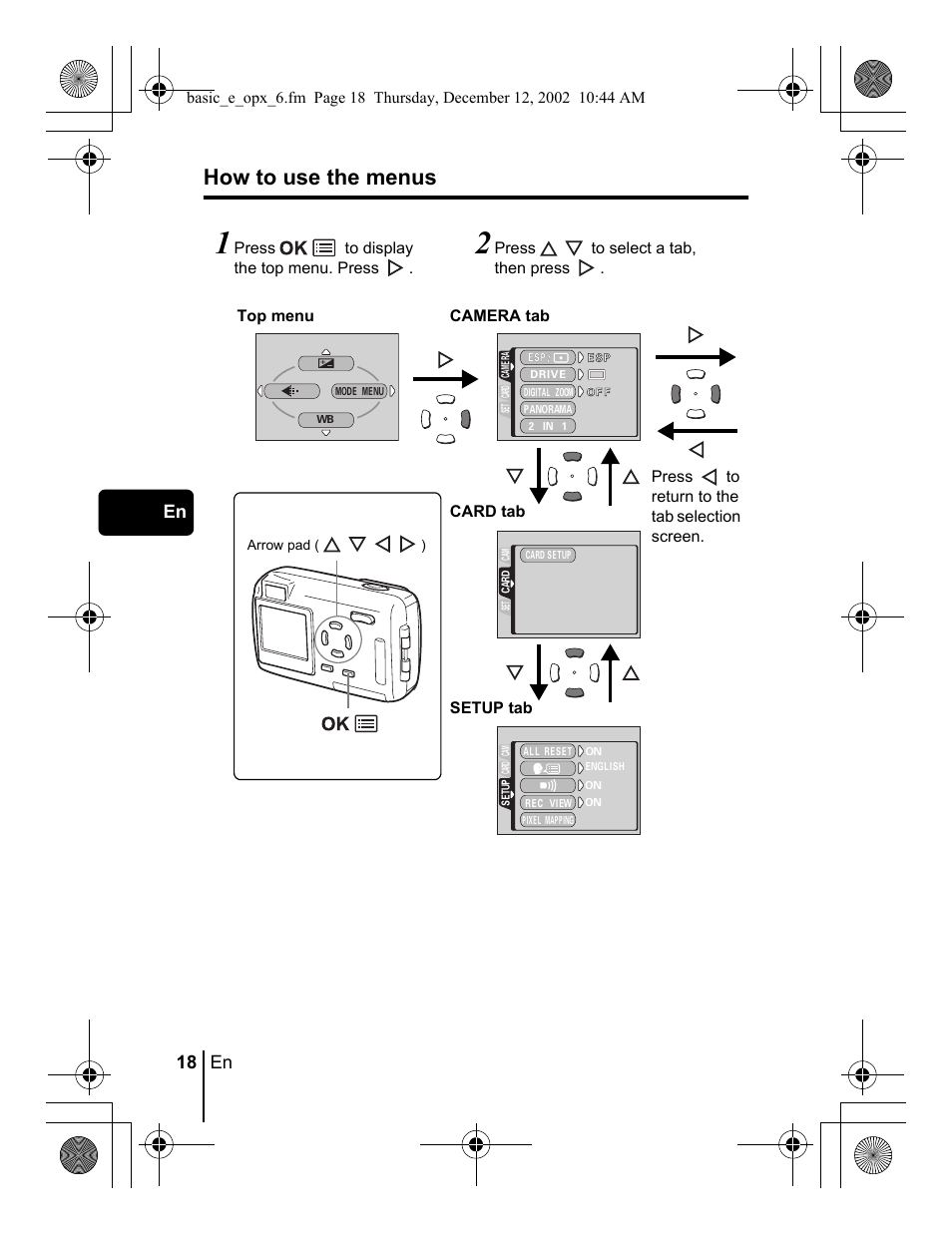 How to use the menus, 18 en en | Olympus Stylus 400 Digital User Manual | Page 18 / 172