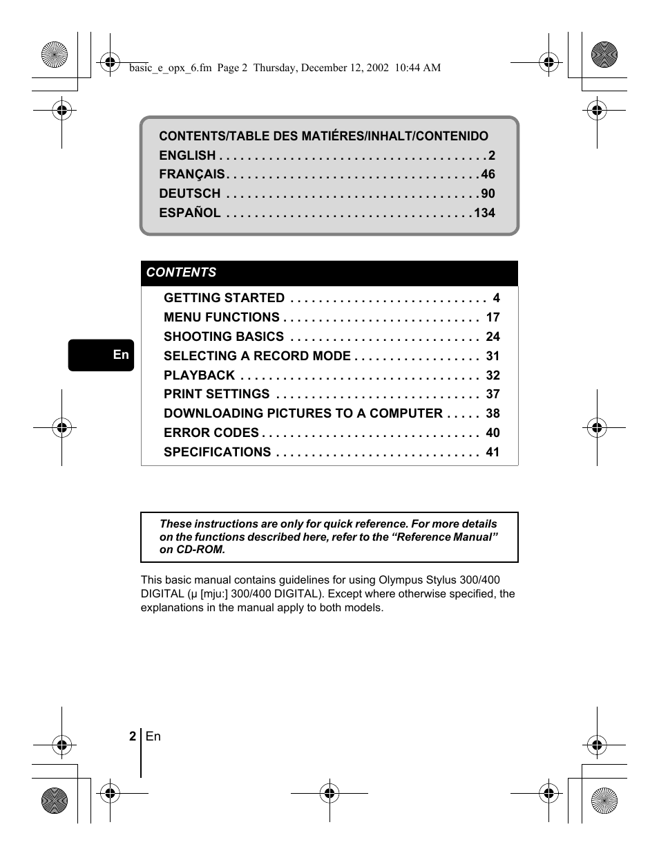 Olympus Stylus 400 Digital User Manual | Page 2 / 172