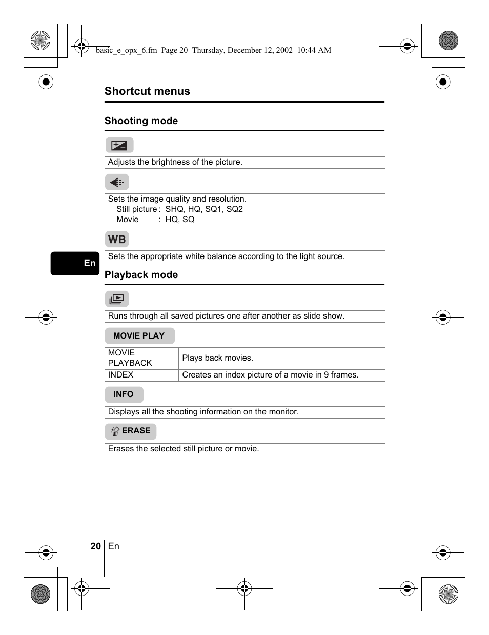 Shortcut menus | Olympus Stylus 400 Digital User Manual | Page 20 / 172