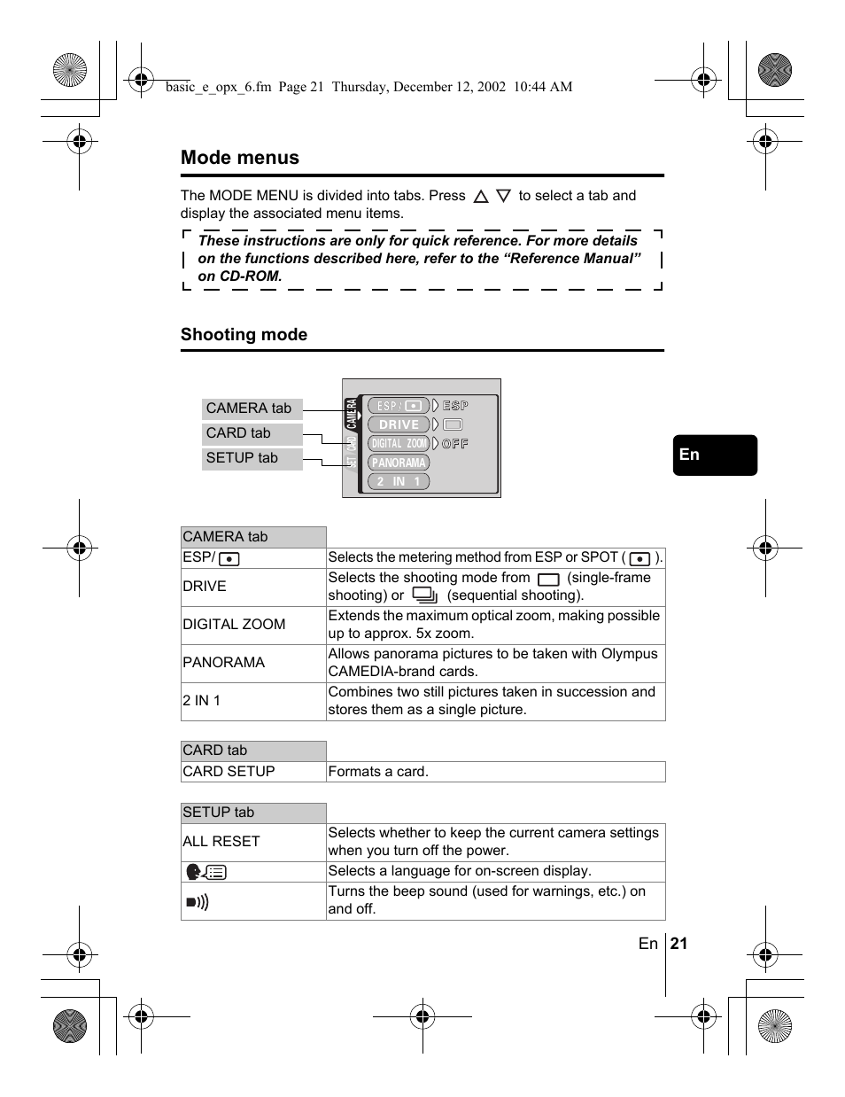 Mode menus, Shooting mode | Olympus Stylus 400 Digital User Manual | Page 21 / 172