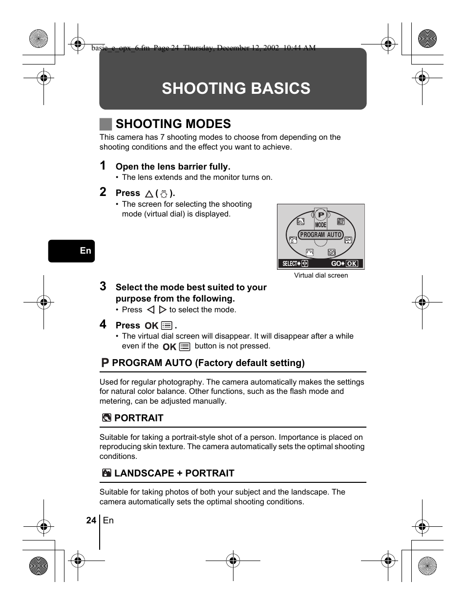 Shooting basics, Jshooting modes | Olympus Stylus 400 Digital User Manual | Page 24 / 172