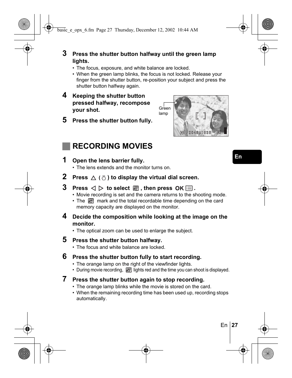 Jrecording movies 1 | Olympus Stylus 400 Digital User Manual | Page 27 / 172